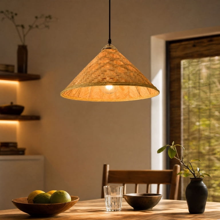 Permaid Shape Woven Bamboo Pendant Lamp Shade Pyramid Shape Hanging Light Cover for ...