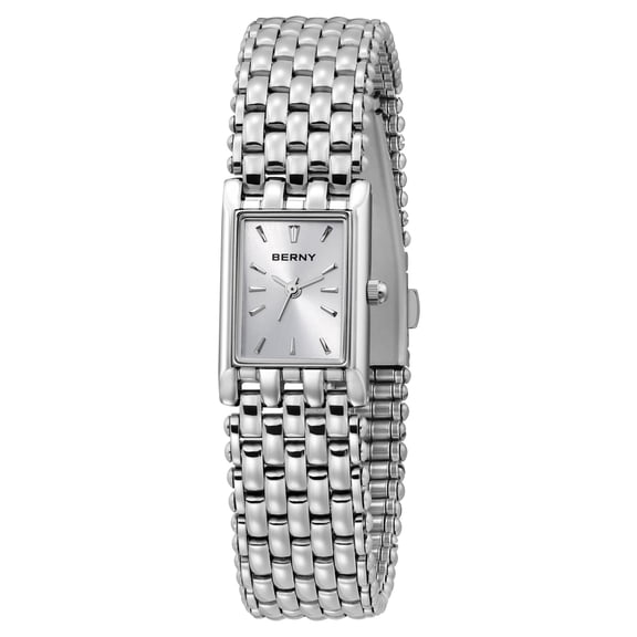 BERNY Small Silver Watch for Women, Japanese Quartz Movement, Rectangular Case, Stainless Steel, Waterproof, Dainty Luxury Dress Wristwatch, Silver