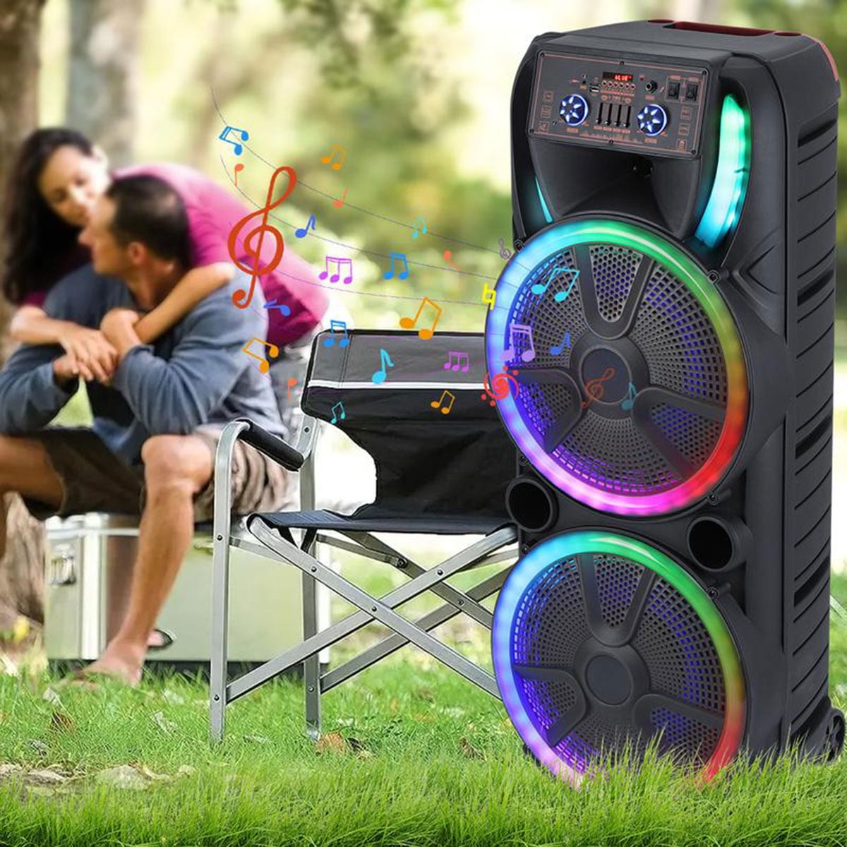 RIDWIND Dual 15-Inch Karaoke Party Speaker System with Wireless Bluetooth, 2 Microphones, LED Light Show, Portable Loud Speaker with Remote & Rechargeable Battery