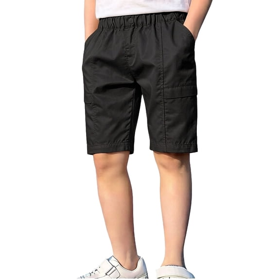 Maqroz Short Pants for Boys Elastic Waist Button Fly Shorts Fashionable Solid Color Knee Length Bottoms with Pockets for Casual Summer Outings, Size 7-8Years