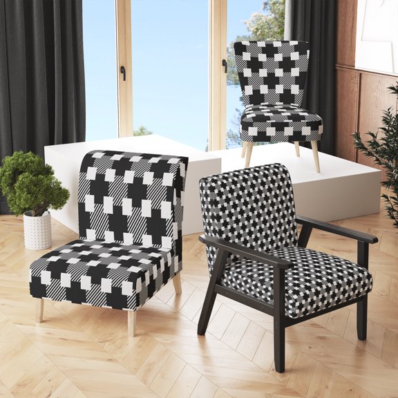 Designart "Geometric Monochrome Pattern II" Upholstered Mid-Century Accent Chair - Arm Chair