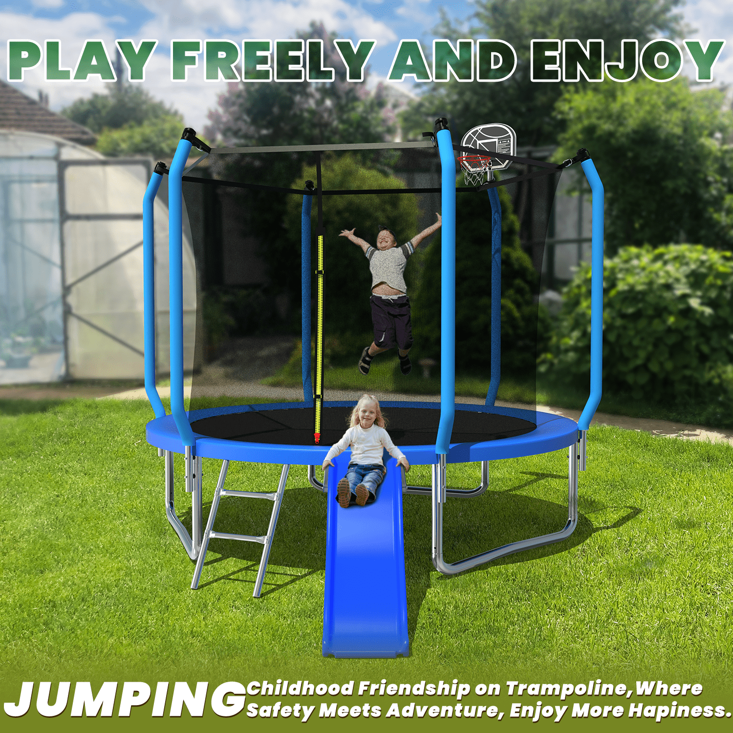 Mersco 8FT Heavy Duty Trampoline with Enclosure Net , Slide Outdoor Big Trampoline for Backyard,Kids Trampoline with Basketball Hoop,Birthday and Holiday Gifts for Kids,Blue