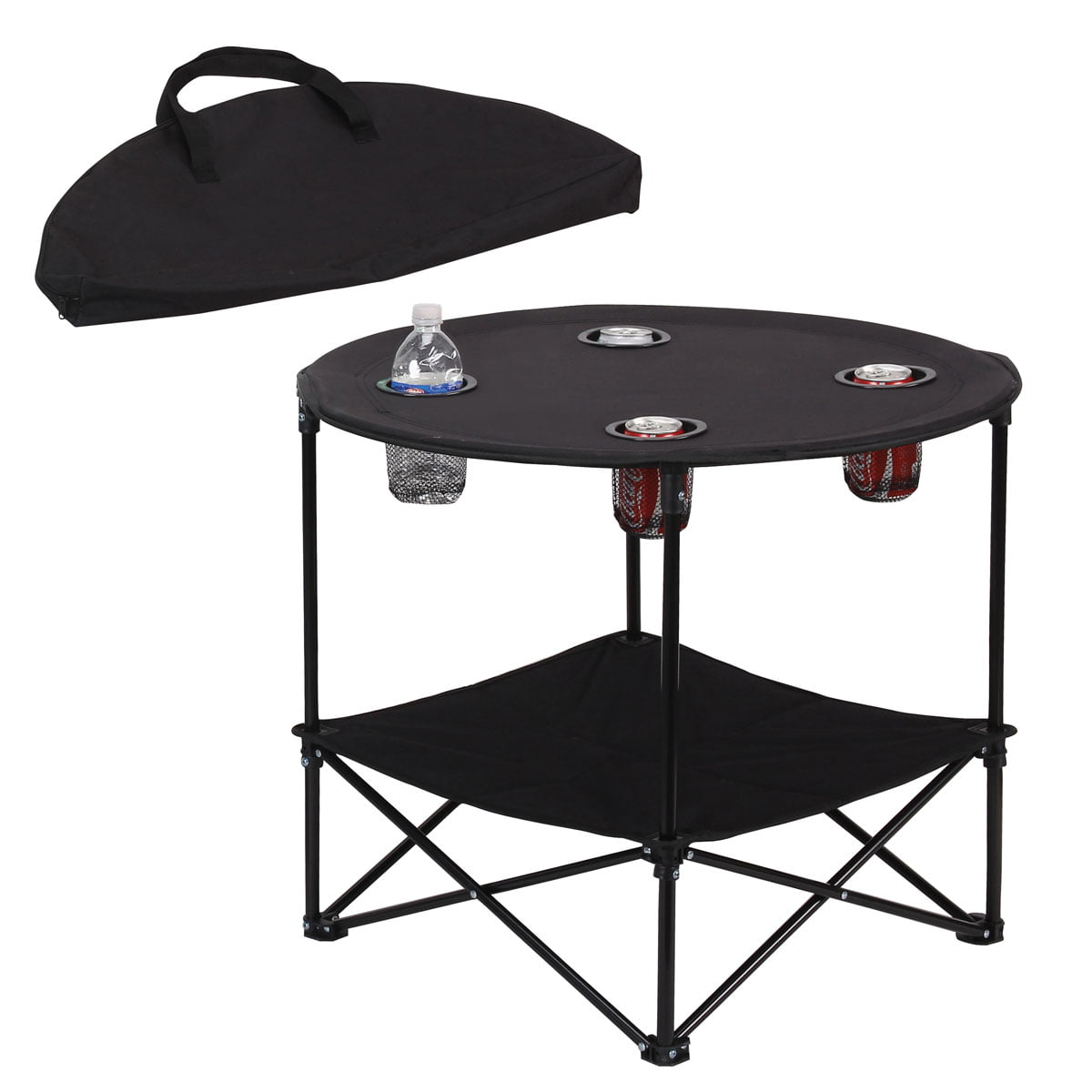 Portable Outdoor Folding Picnic 27-1/2" Collapsible Round Table w 4 Cup Holders 