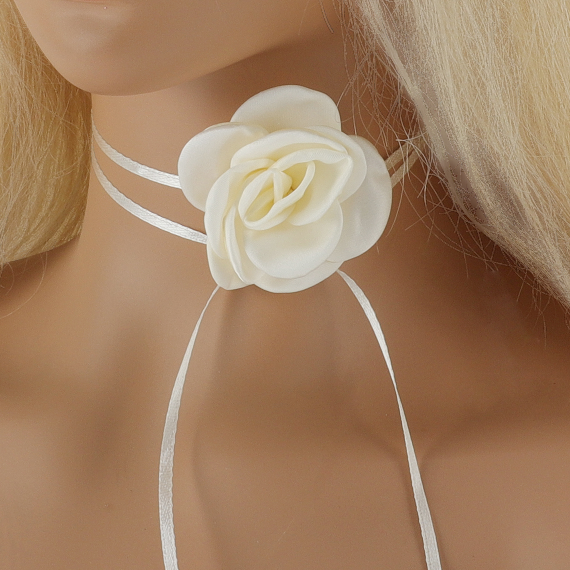 Unique Bargains Elegant Pearl Satin Rose Tie Choker Necklace 1 Pc Cream