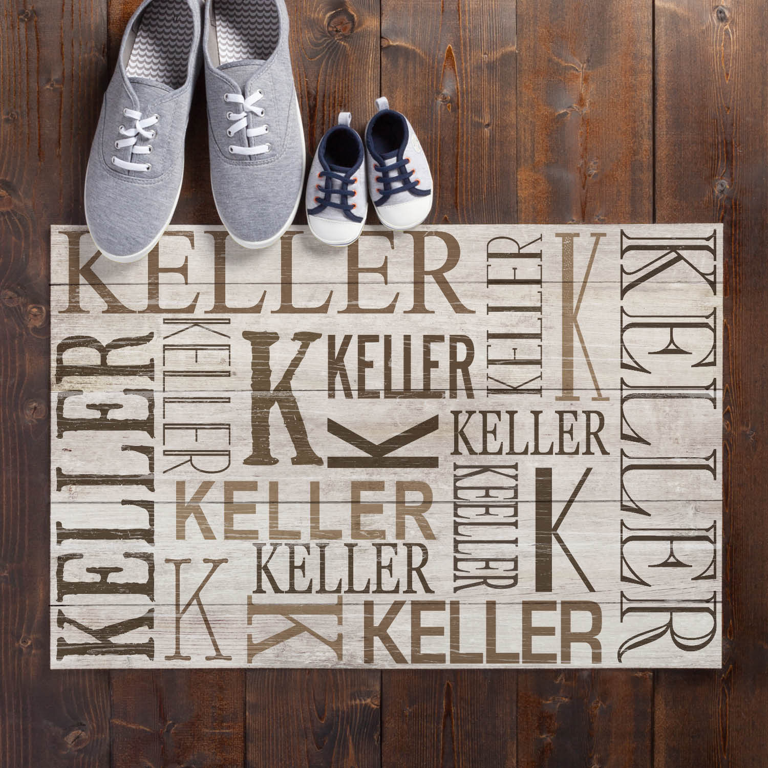 Personalized Planet 27x18 Family Name and Initial Doormat with Custom Personalization Printed on Cream Rectangular 1/8” Thick Non Slip Mat for Kitchen Hallway Deck or Porch
