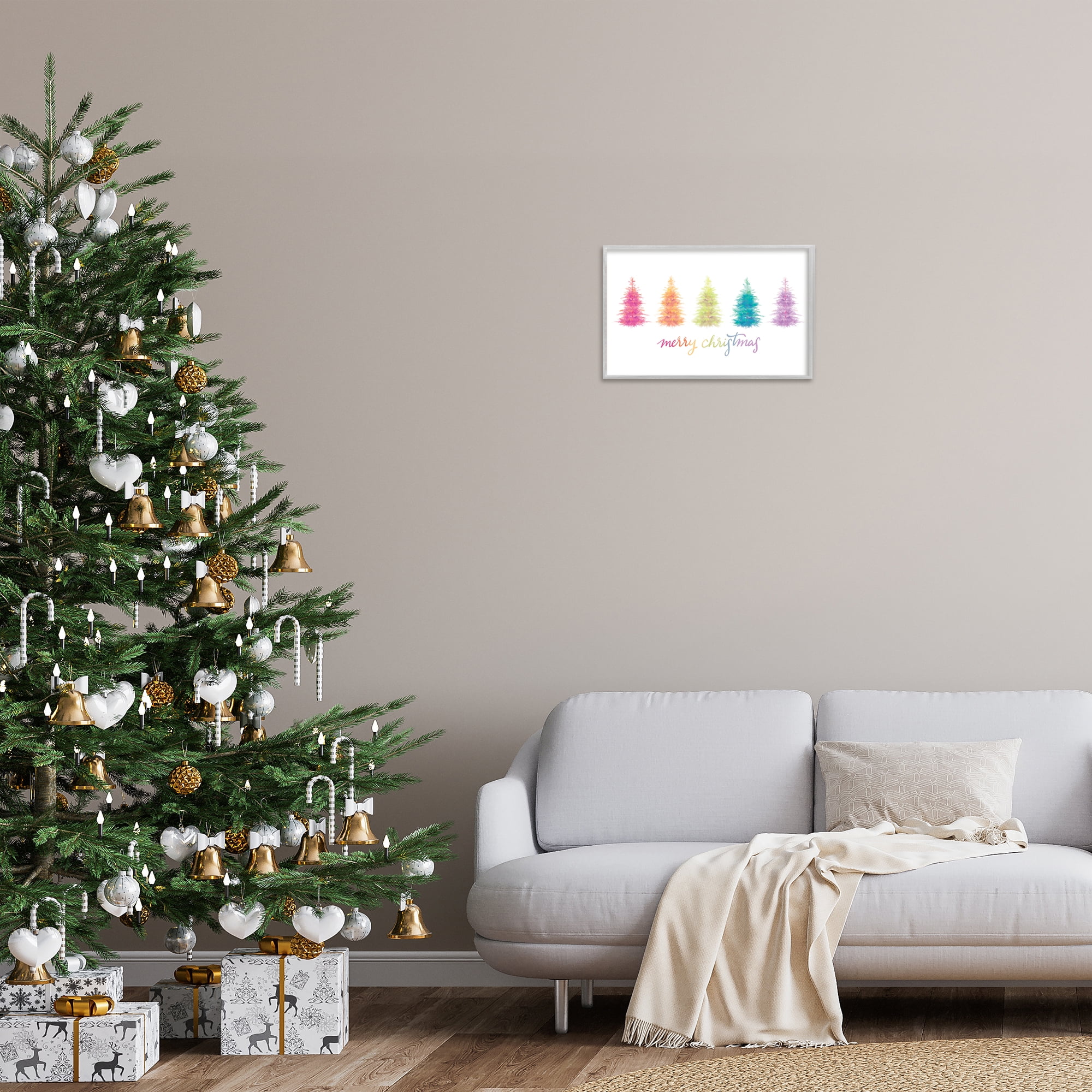 Stupell Industries Rainbow Christmas Trees Holiday Painting Gray Framed Art Print Wall Art, 18 x 12