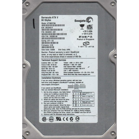 ST360015A, 3KC, AMK, PN 9W4003-301, FW 3.33, Seagate 60GB IDE 3.5 Hard Drive