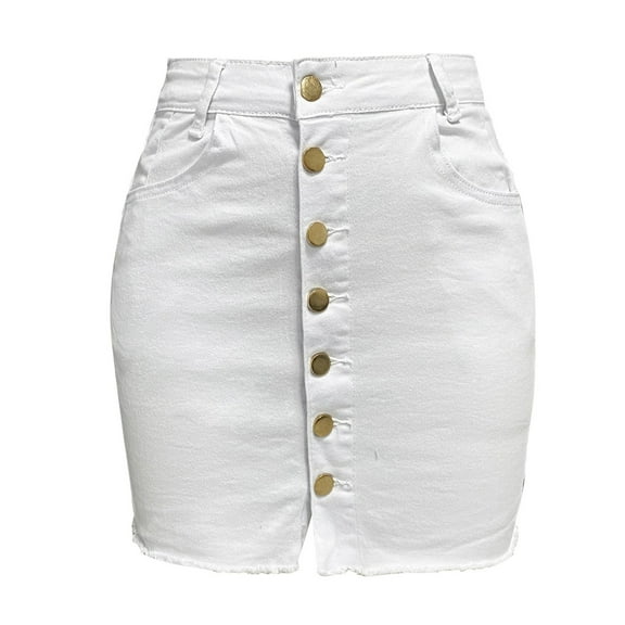 Fgnfyis Women's Elegant and Alluring Fashionable Solid Color Denim Skirt Bodycon Fit Metal Button Mini Skirt Casual Skirt White XL