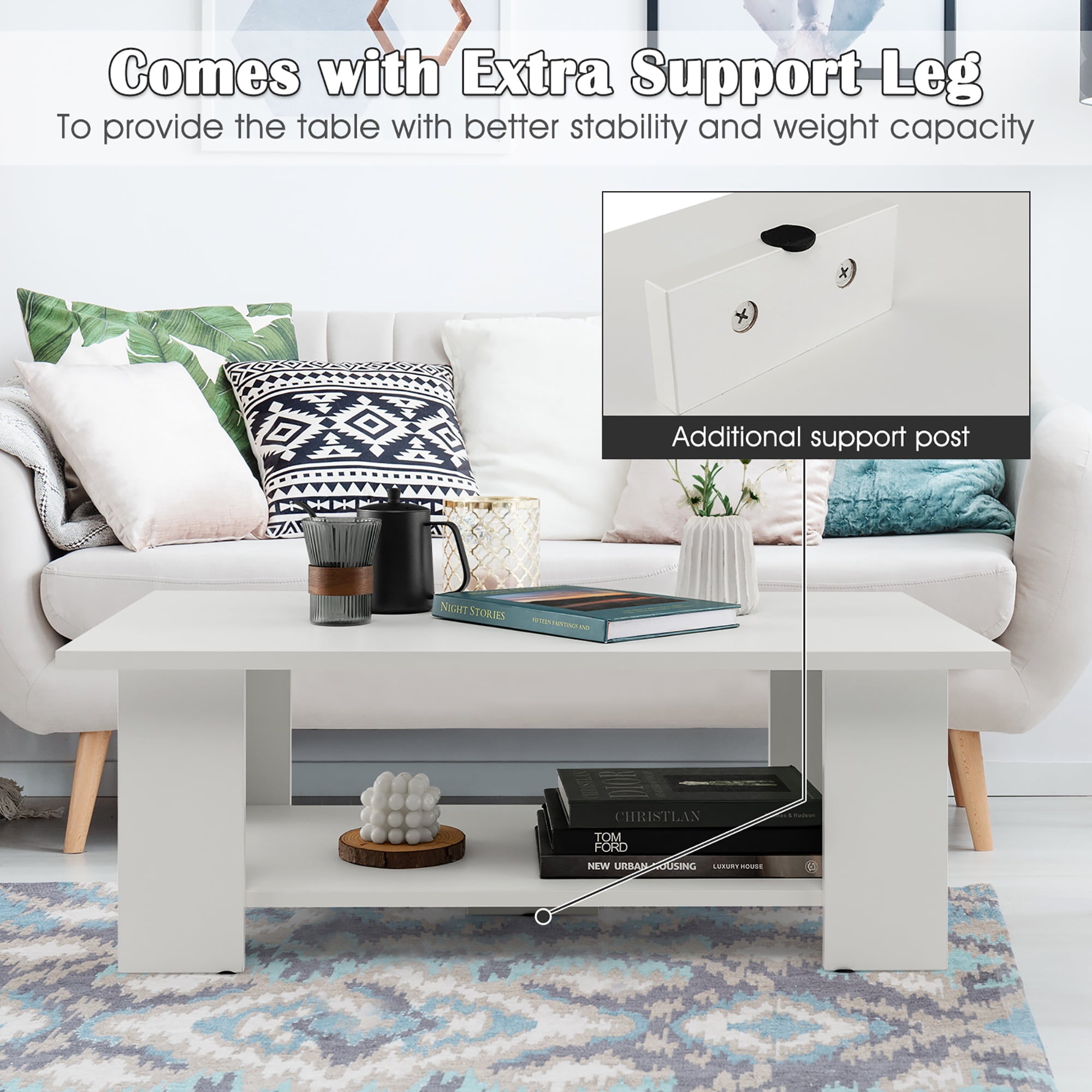 Costway Coffee Table 2-Tier Modern Center Cocktail Table W/Storage Shelf for Living Room White