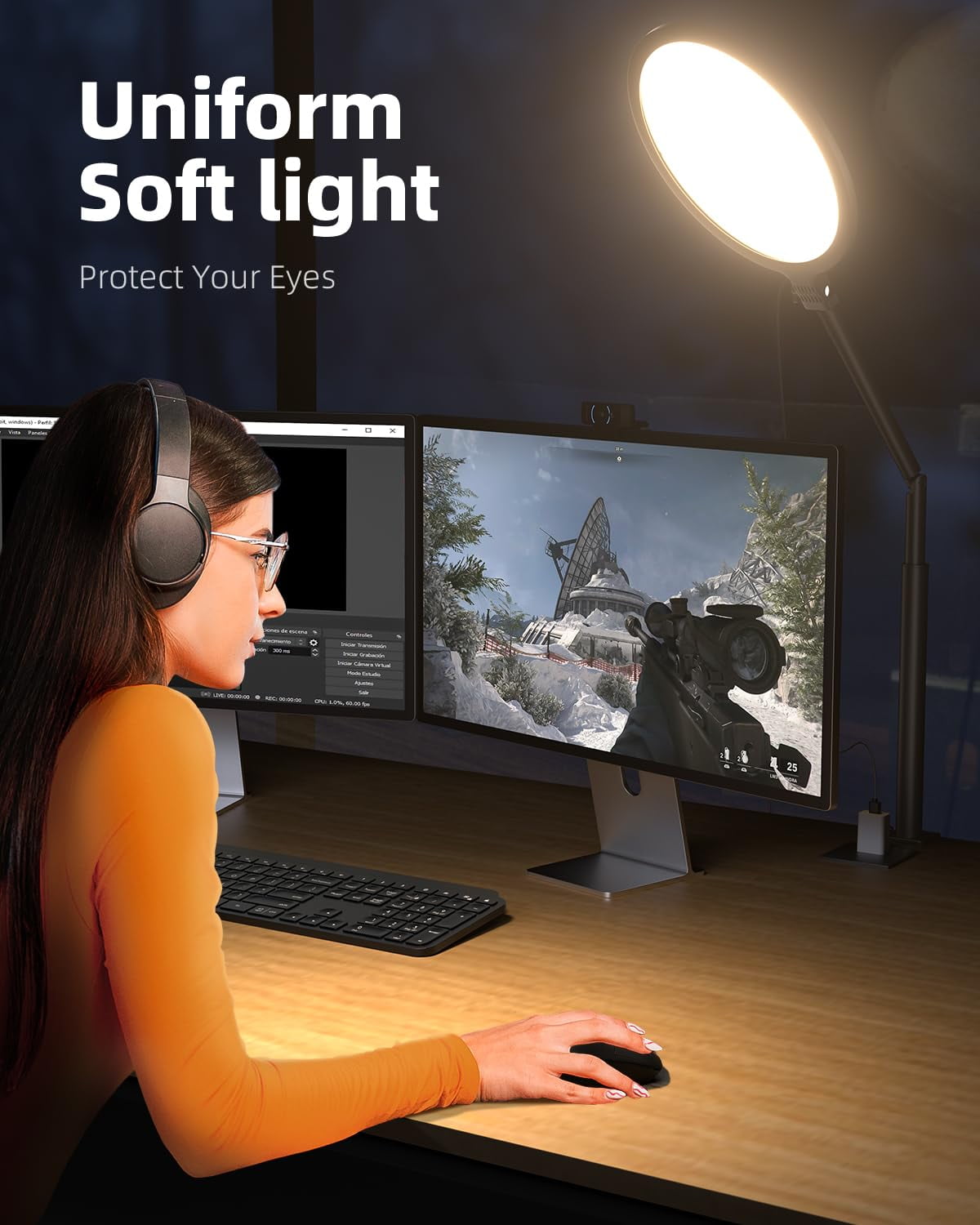 10.2" Desk Ring Light With Stand  360° Rotate Lamps For Home Office C-clamp Flexible Height Adjust Arm Podcast Gaming Recording Zoom Lighting