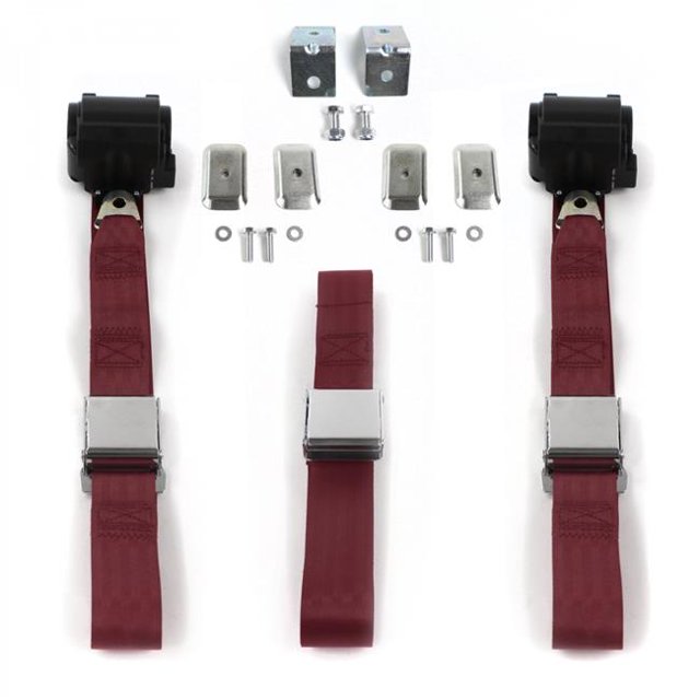 Chevy Cavalier 1982-1994 Airplane 2 Point Burgandy Retractable Bench Seat Belt Kit with Bracketry - 3 Belts