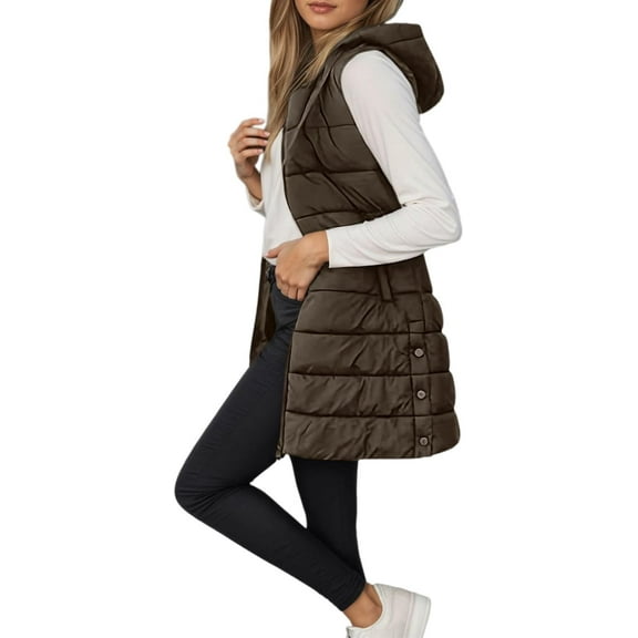Aricy Long Puffer Vest Women Winter Hooded Sleeveless Lightweight Coat Warm Quilted Vest Jacket Zip Up Puffy Coat Fall Warm Outerwear