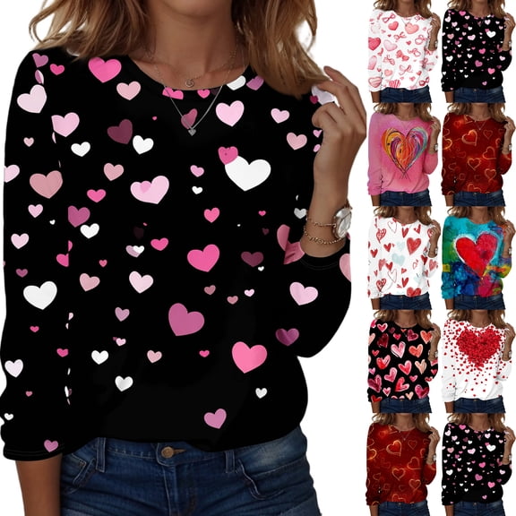 Lumtrix Womens Valentine Tops Dressy Casual Crew Neck Long Sleeve Shirts Love heart Print Blouse Plus Size T Shirts Loose Fit Fall Clothes 2026 Blue 2XL