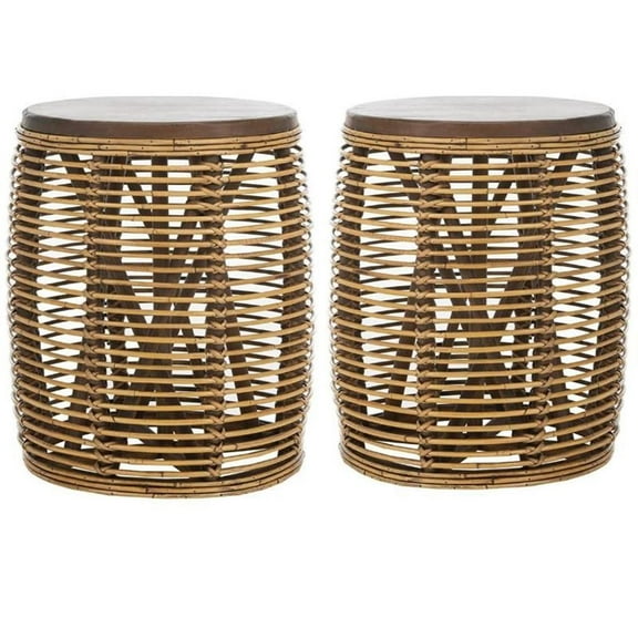 Home Square 18" Round Rattan Accent End Table in Honey Brown Wash - Set of 2