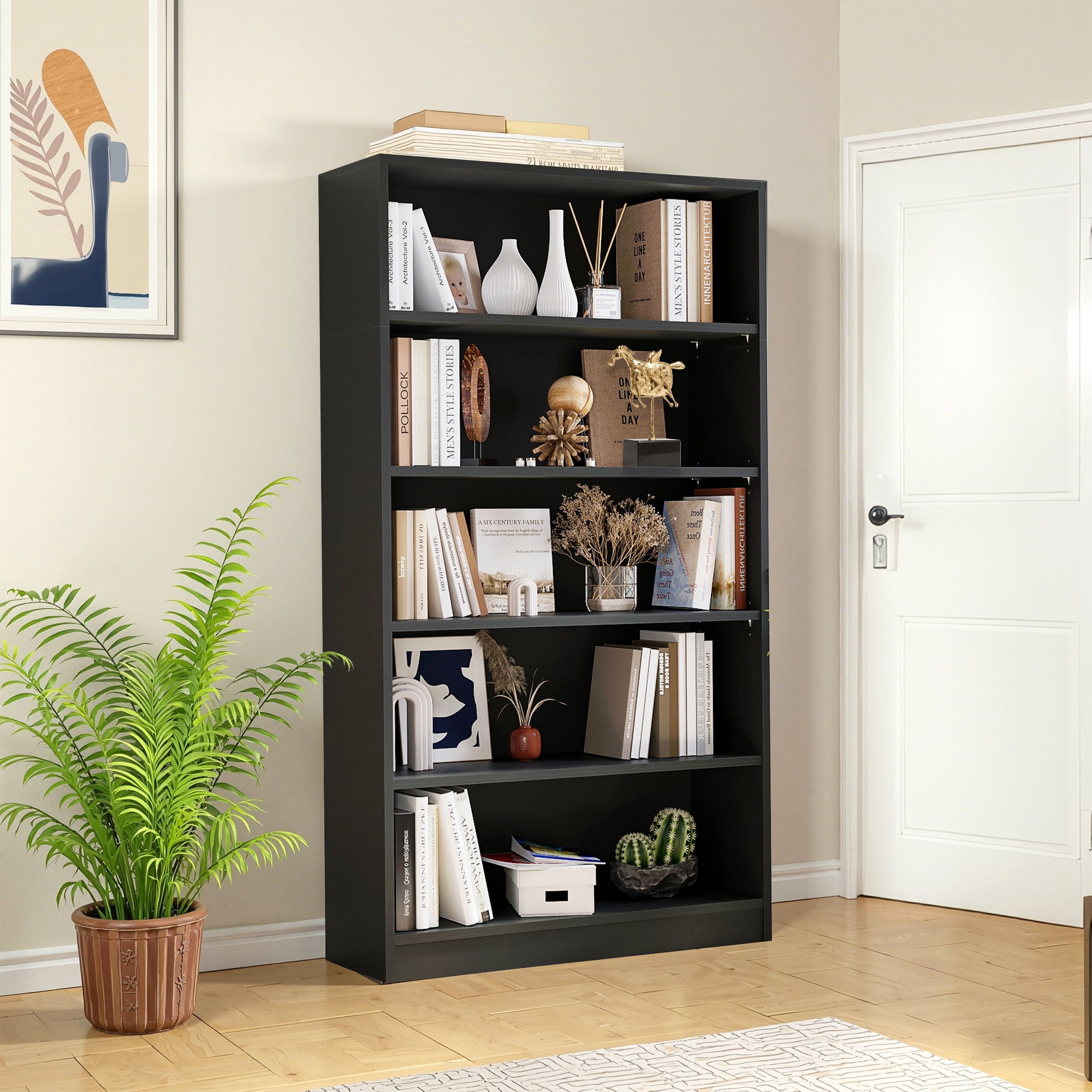 MAYEERTY Black 5-Shelf Modern Wood Bookcase, 60" Tall, for Bedroom, Living Room, and Manga Library