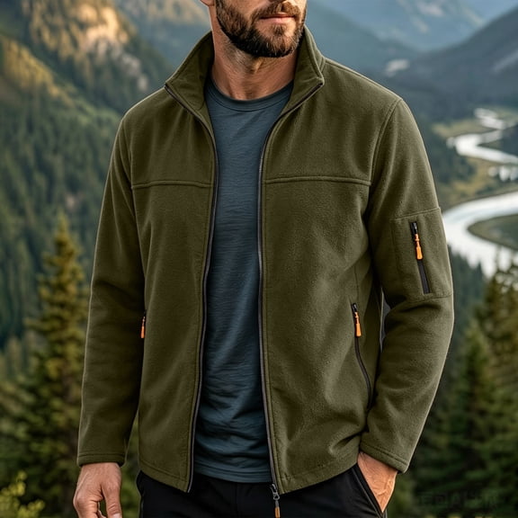 Men's Polar Fleece Jacket Winter Warm Full-Zip Coat Tactical Jackets Multi Zipper Pockets Army Green