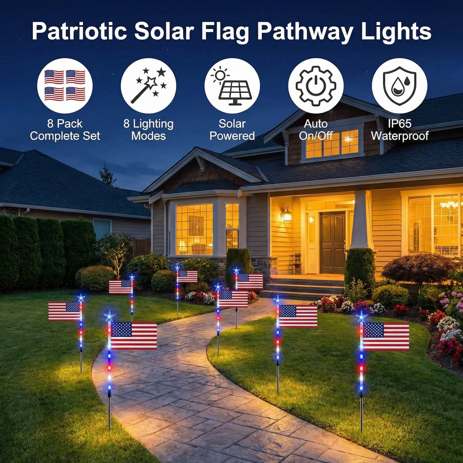 8 Patriotic Solar Flag Lights with 8 Lighting Modes, Solar American Flag Lights Outdoor - Perfect 4th of July Decorations
