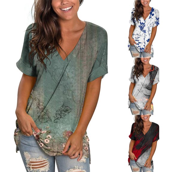 Fesfesfes Women Plus Size Blouse Women Crewneck Print Tees Short Sleeve T Shirt Blouse Loose Tops Womens T Shirts 12(XXL)