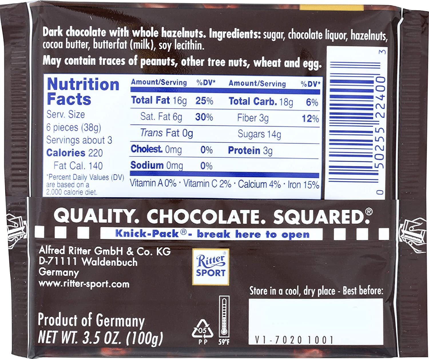 Ritter Sport , Darkc Chocolate With Whole Hazelnuts, 3.5 Oz of Each , Pack of 4