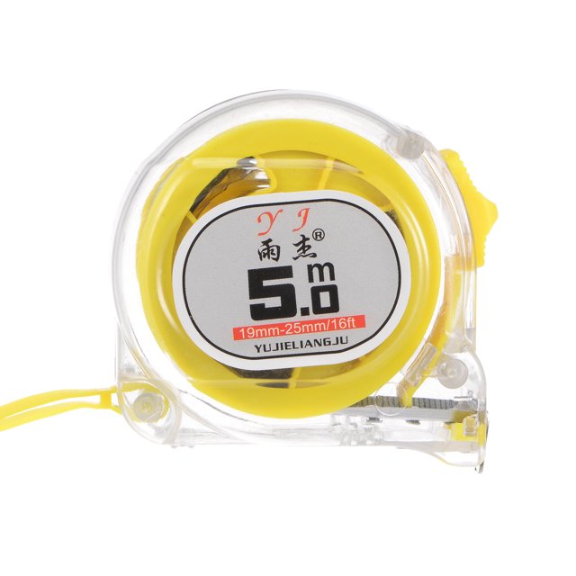 Autobloqueo Cinta Métrica 5M Métrica Regla Retráctil Titanio Acero Medición Cinta 19mm Ancho, Transparente Amarillo ABS Plástico Caja