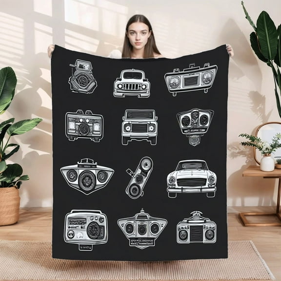 Cozy Soft Flannel Blanket - Durable Warm Perfect for Sofa Travel & Bed - Stylish Vintage Car Pattern Design
