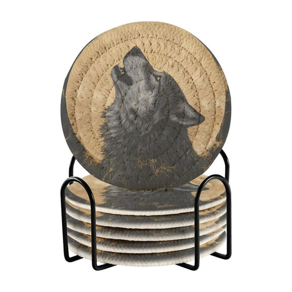 6 Coil Coasters 3.94x3.94x0.24 Inch Water Coasters Drink Coasters with Cup Holders Absorbent Coasters Heat Resistant for Bar Protection Gray Wolf under The Moon
