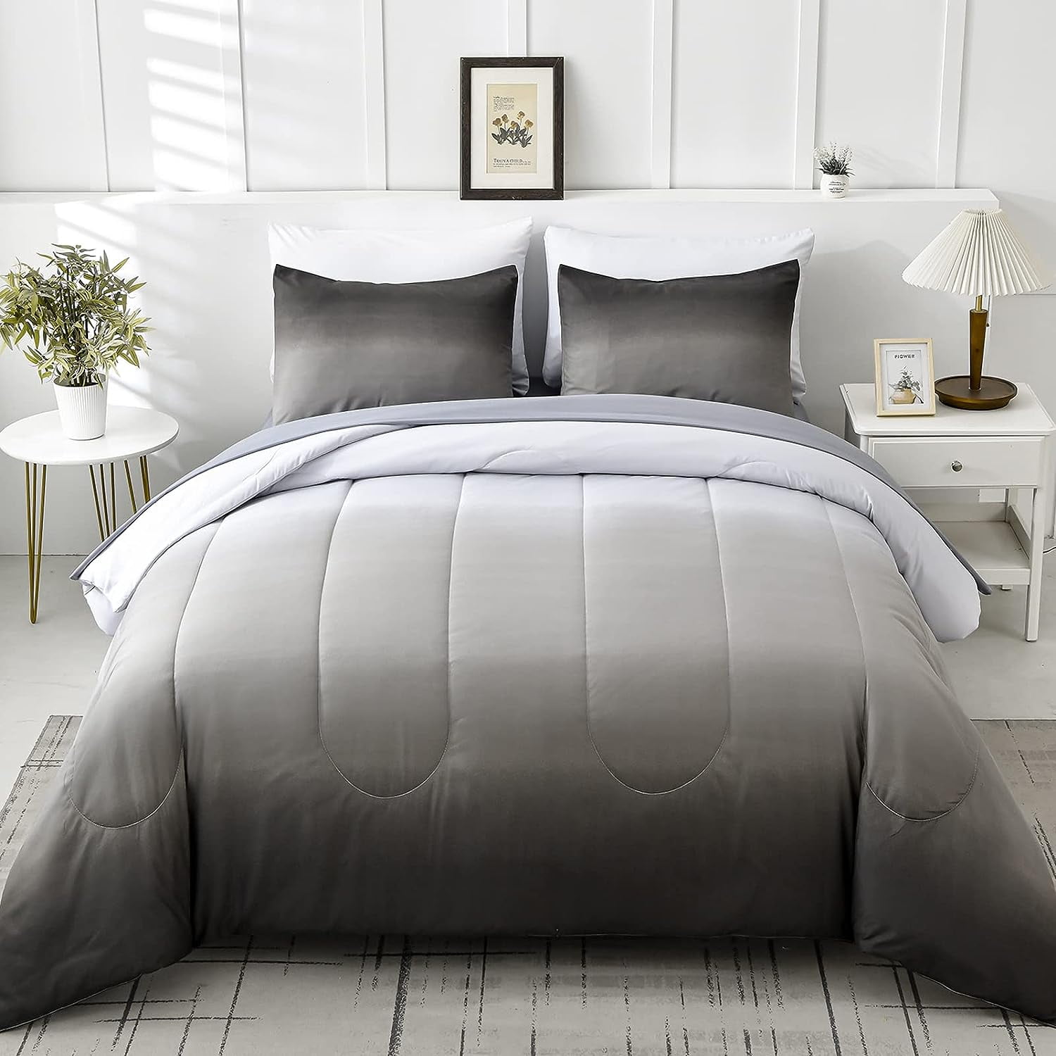 GUAIPOU Gradient Black and Grey Comforter Set Queen Size 7 Pieces Ombre