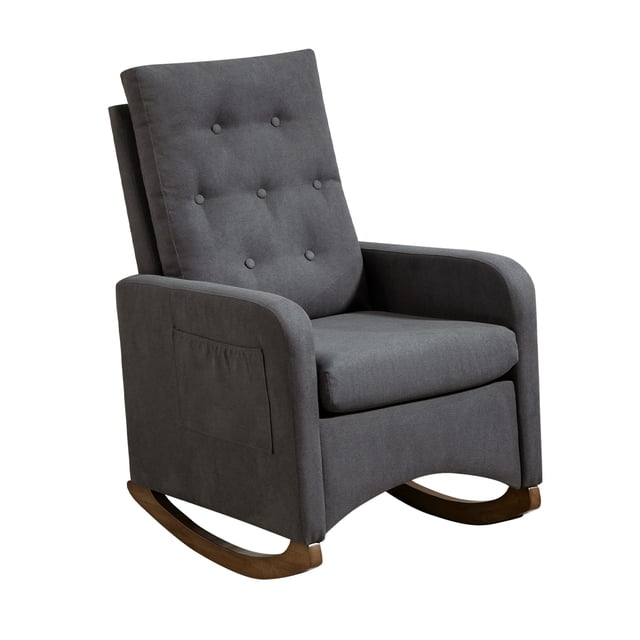 Upholstered Rocking Chair for Nursery, Modern Accent Rocking Chair with High Backrest and Armrest, Glider Rocker with Side Pocket, Comfy Reading Chair for Living Room, Bedroom, Light Grey
