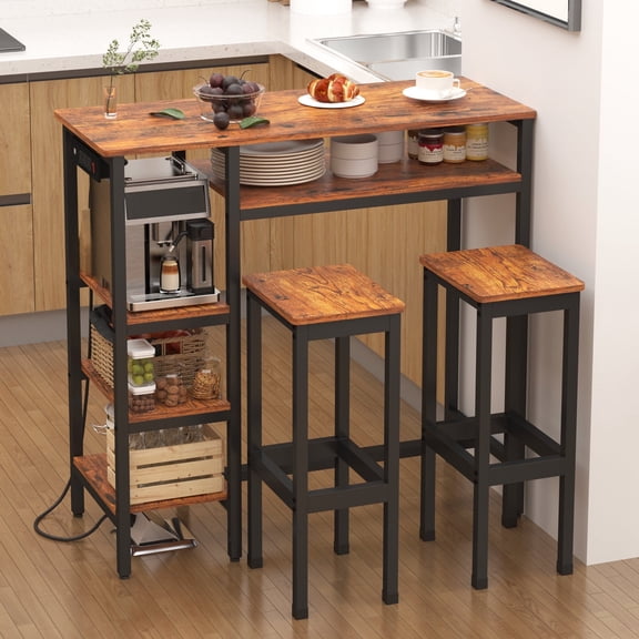 NAIYUFA 3-Piece Bar Table Set with Power Outlets & Storage,Kitchen,Apartment,Breakfast Table (Brown