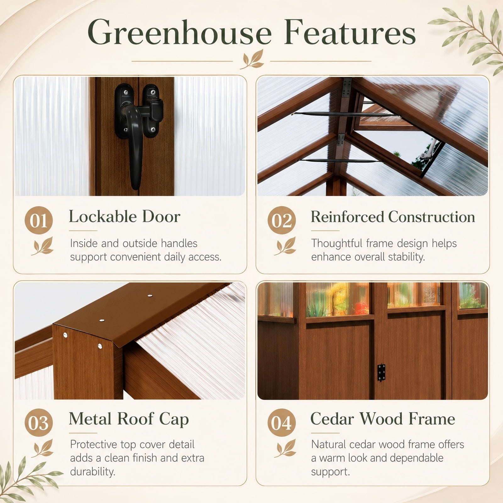 PABIMIA 8 ft. x 16 ft. Wood Greenhouse, Outdoor Walk-in Greenhouse Kit with Polycarbonate Panels and Adjustable Roof Vent