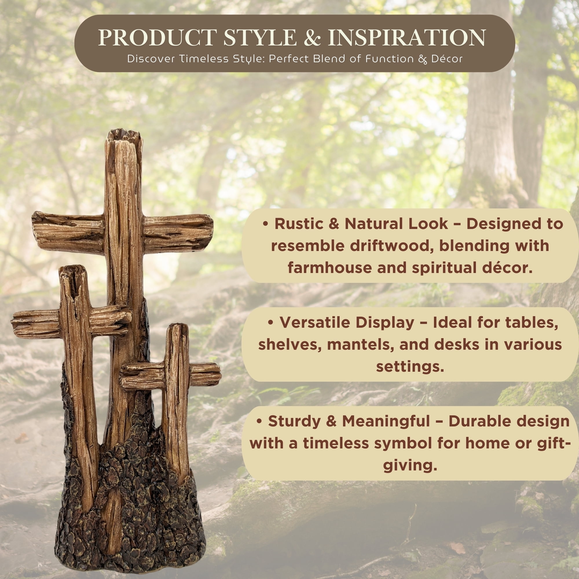 Rustic Tabletop Resin Cross - Driftwood Design with Three Crosses on a Hill - Spiritual Home Décor for Living Room, Bedroom, and Gift for Family & Friends