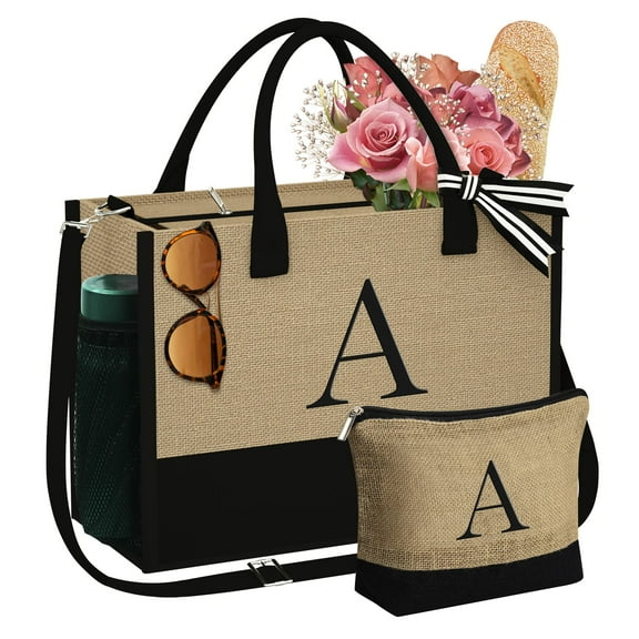 TINGN Initial Jute Tote Bag with Makeup Bag Beach Tote Bag with Zipper Adjustable Strap Mothers Day Birthday Gifts for Her