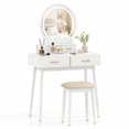 thumbnail image 6 of Small Makeup Dressing Table Vanity Set with Round 3‑Color Dimmable LED Lighted Mirror, 4 Storage Drawers, Solid Wood Legs and Cushioned Stool for Compact Bedroom,Black, 6 of 7
