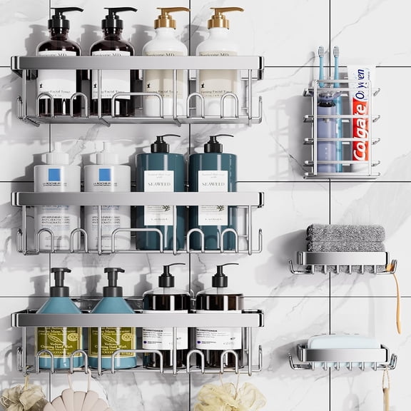 Adhesive Shower Caddy 6-Pack, Large Capacity Bathroom Organizers and Storage, Rustproof Shelves Rack with Soap Holder, No Drilling Wall-Mounted Kitchen & Home Decor, Bath Decor&Essentials,Silver