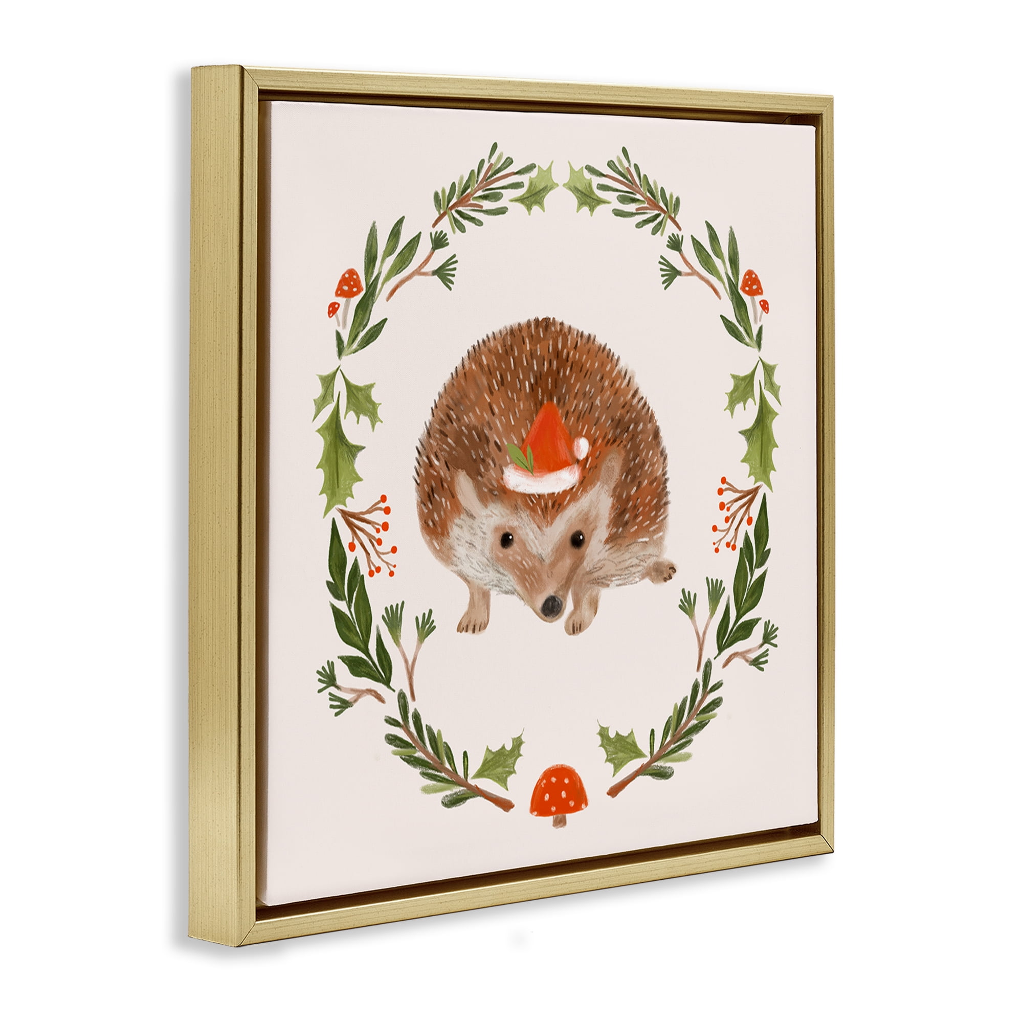 Stupell Industries Holiday Hedgehog Wreaf Holiday Painting Gold Floater Framed Canvas Art Prints Wall Art, 25 x 25