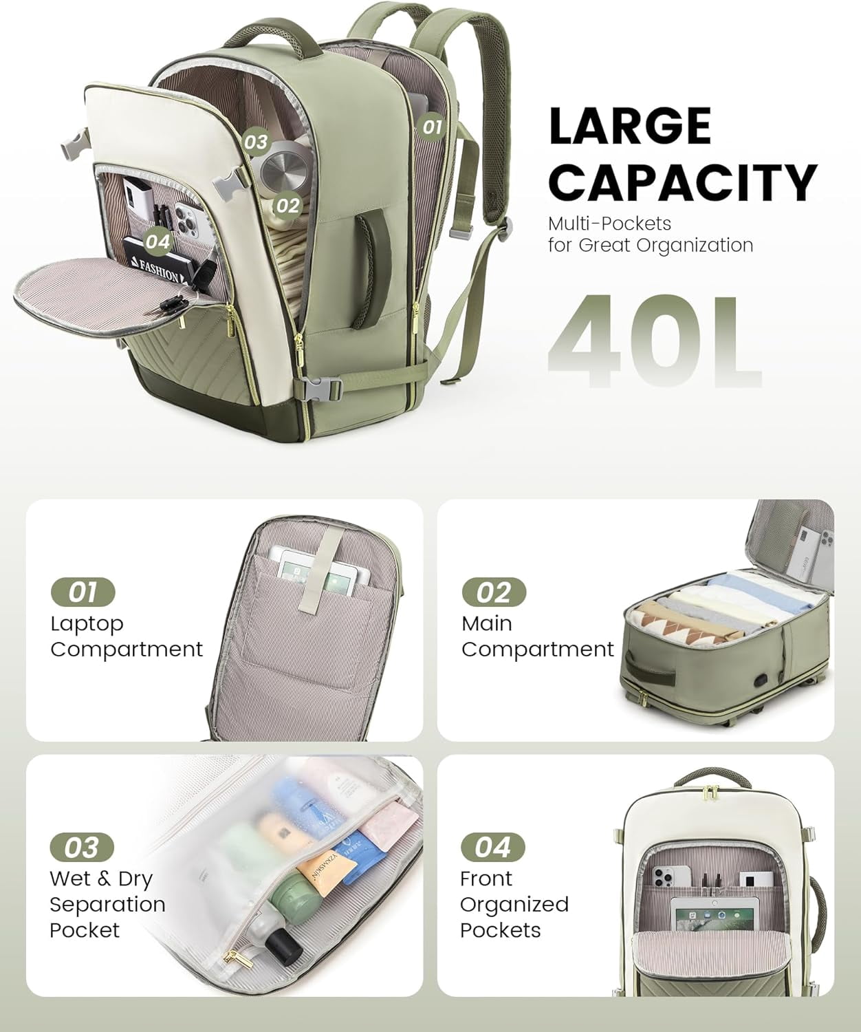 Lovevook Travel Backpack Men Women, 40L Expandable Carry-On Luggage Backpack Set Airline Approved, Larger Personal Item Travel Bag Suitcase Weekender Overnight Bag