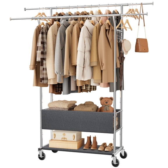 WLRETMCI Clothes Rack with Double Hanging Rods and Bottom Shelf, Rolling Metal Garment Rack for Bedroom Closet Storage, SILVER
