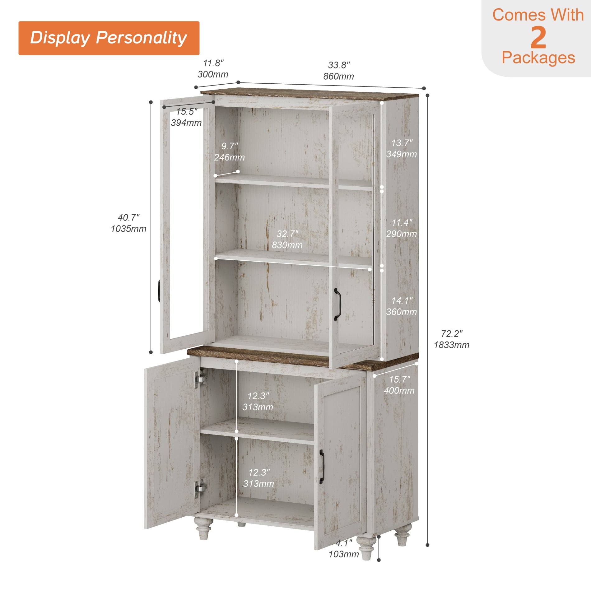 72.1"H × 33.9"W Large Farmhouse Wooden Bookcase with Glass Doors & Shelves, Storage Cabinet Bookcase for Living Room, Bedroom, Home Office & Kitchen, Rustic white