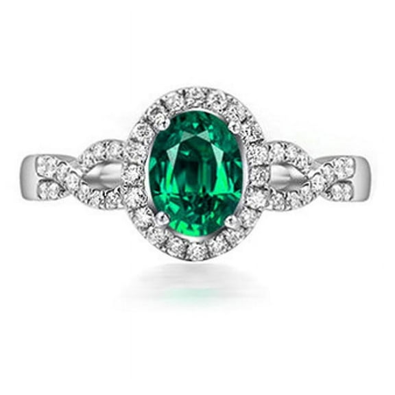 Halo Art Deco 2 Carat Green Emerald 8x6mm Oval Cut And Moissanite Diamond Engagement Ring in 10k White Gold