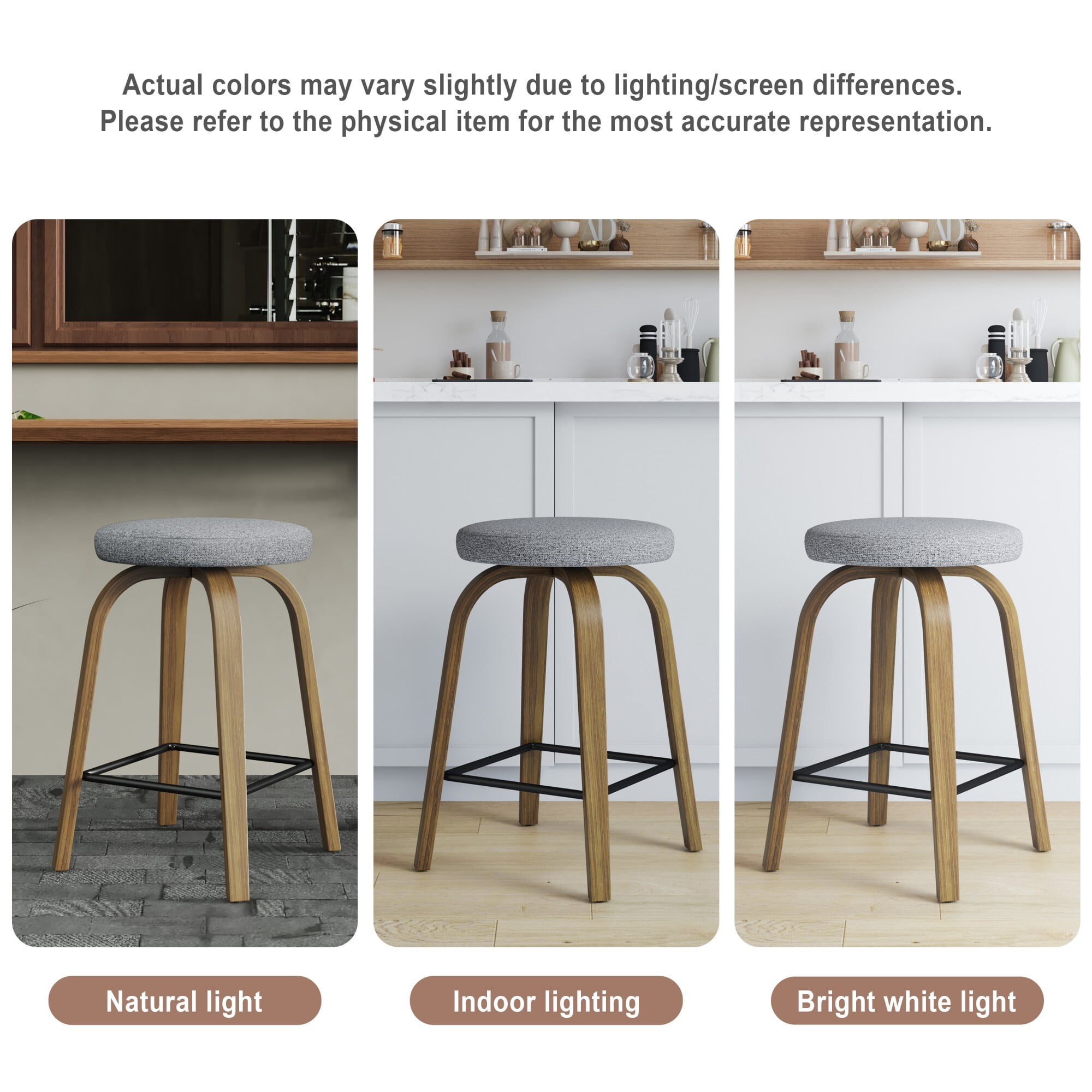 AENKYO 26" Swivel Bar Stools Set of 2, Counter Height Island Stools for 34"-40" Counters, Fabric Padded, Gray