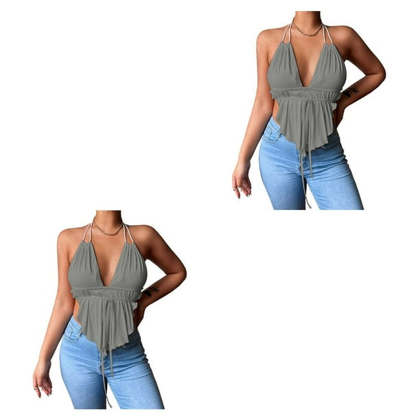 Chaleco Qarigey de mujer camisola delgada informal Top corto Sin mangas Gris S CBP228753