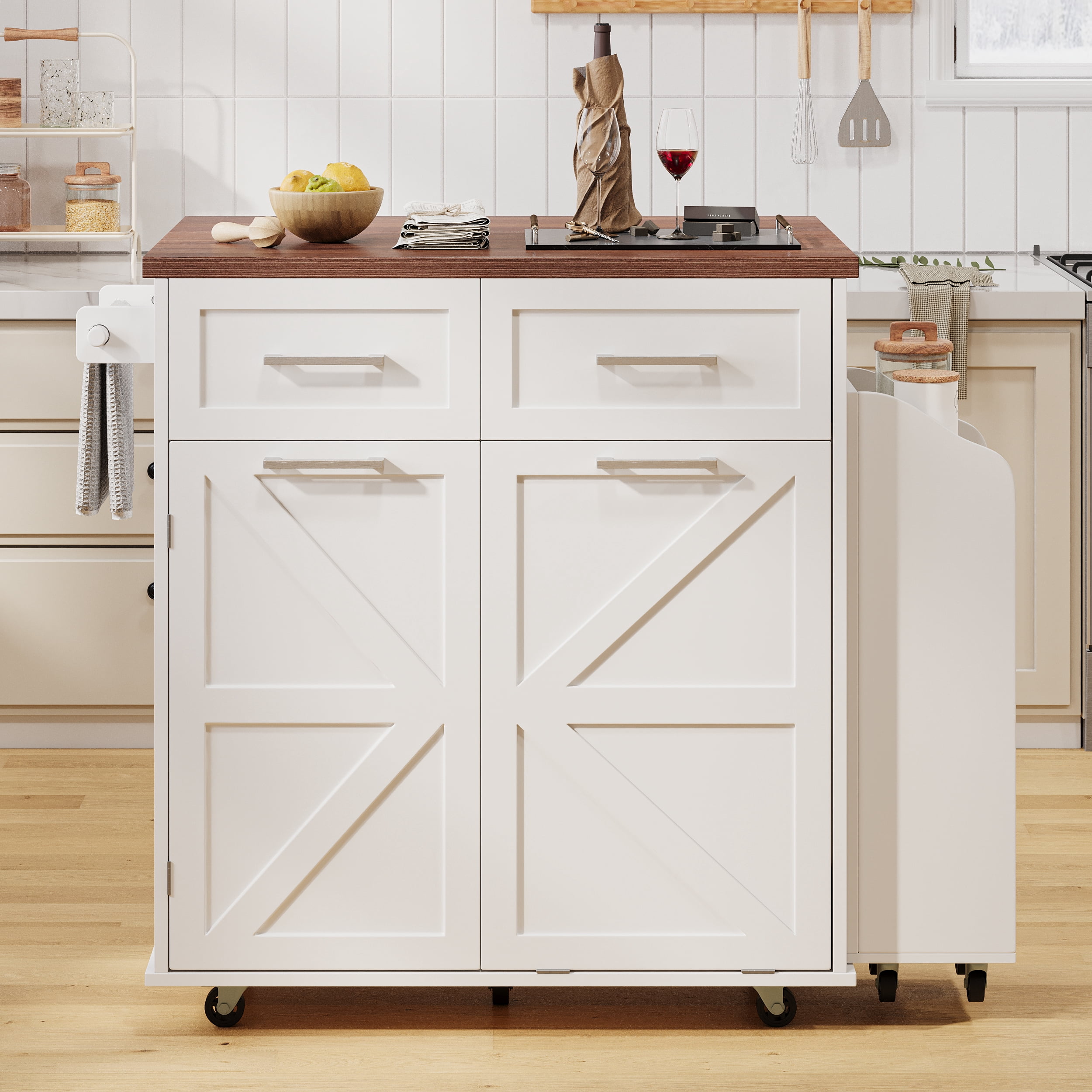Euroco 47.2" Farmhouse Kitchen Island with Drop Leaf, Kitchen Storage Island with Removable Side Racks, Two Drawers, Rolling Kitchen Cart on Wheels with Towel Rack