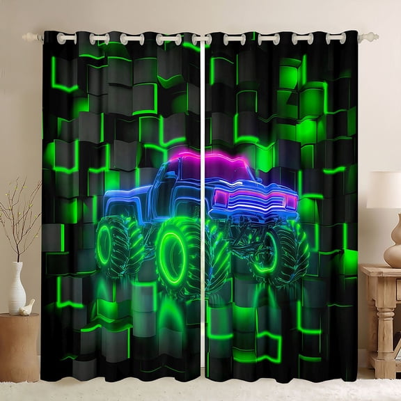 Manfei Green Monster Truck Kitchen Curtains,Patchwork Geometric Plaid Black Out Curtains Pack of 2 (42x63 Each)