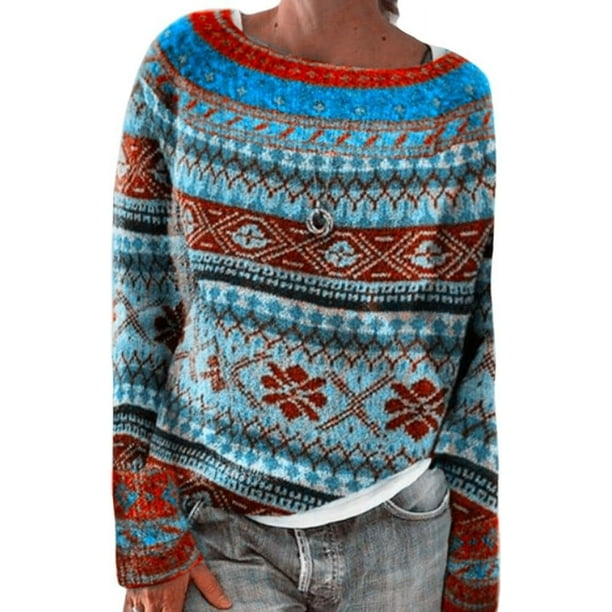 Aztec Sweater Woman Crewneck Sweater Boho Striped Oversized Long Sleeve Vintage Aztec Print Knitted Pullover Top Walmart