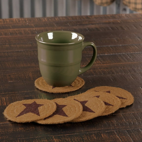 VHC Brands Heritage Farms Primitive Coaster Star Set of 6 Stenciled Textured Jute Round 4"