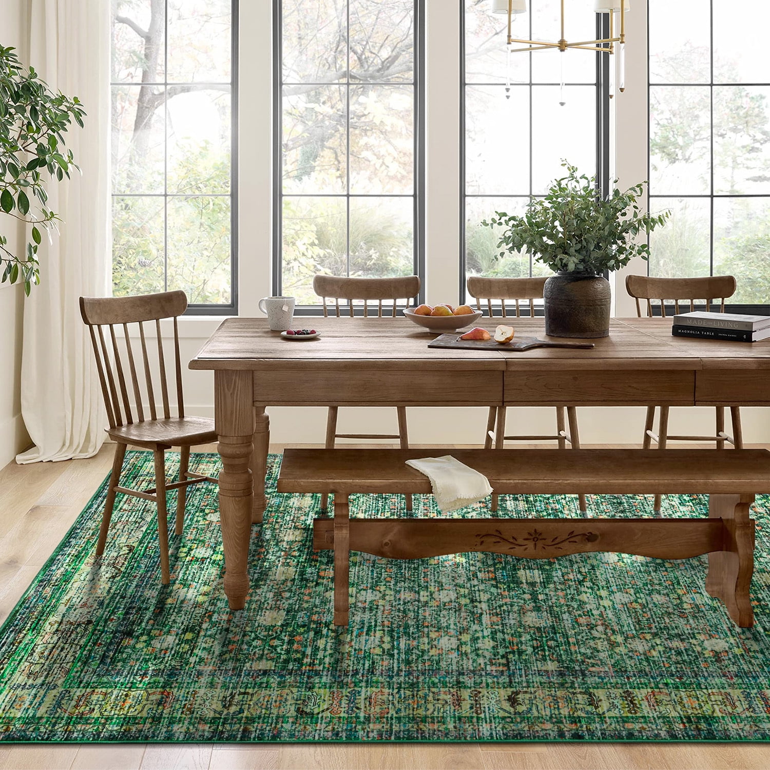 Wondo Floral Washable Rugs, 4x6 Area Rug for Living Room, Soft Large Boho Bedroom Rug, Botanical Non Slip Ultra Thin Floor Carpet for Dining Room Nursery Office, Green