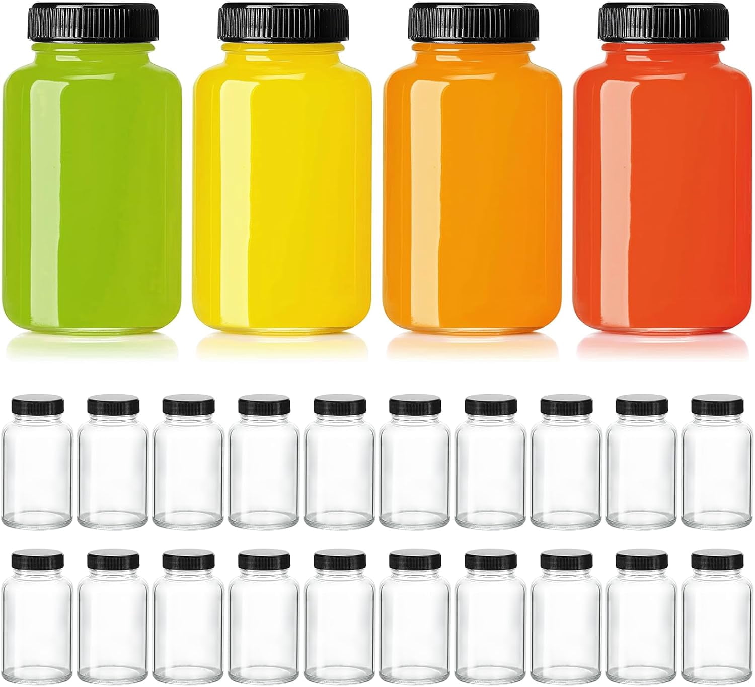 TT - 28 Pack 2oz Glass Shot Bottles with lids - Small Clear Jars for Ginger, Wellness Shots, Juice, Whiskey - Travel mini Reusable Wide Mouth bottles- Leakproof, Dishwasher Safe