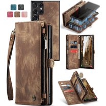 ELEHOLD Multi-Functional Wallet Case for Samsung Galaxy S23 Ultra 6.8",Large Capacity 8 Card Slots Zipper Purse Magnetic Detachable Phone Case with Wriststrap Luxury Leather Case, Darkbrown