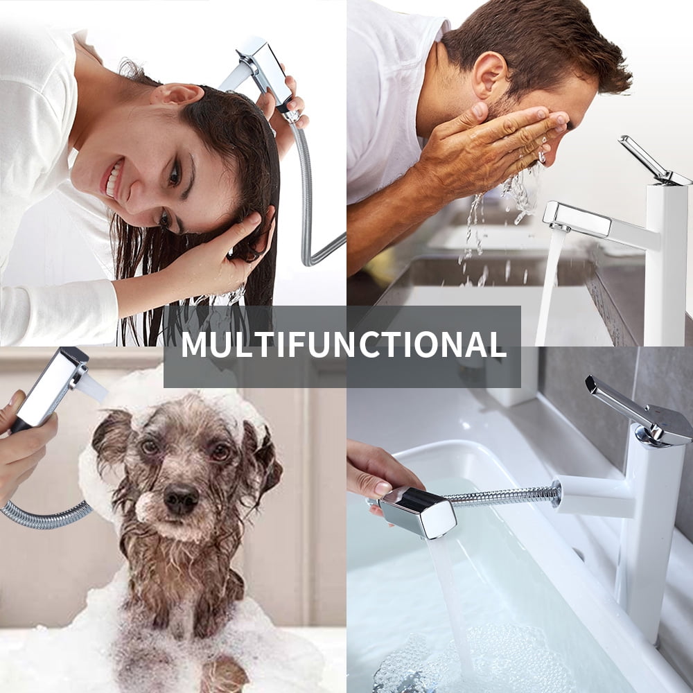 KAIYING Single Handle Bathroom Sink Faucet with Pull Out Sprayer, Rotating Spout, Pull Down Basin Mixer Tap for Hot and Cold Water (Tall, Chrome & White)