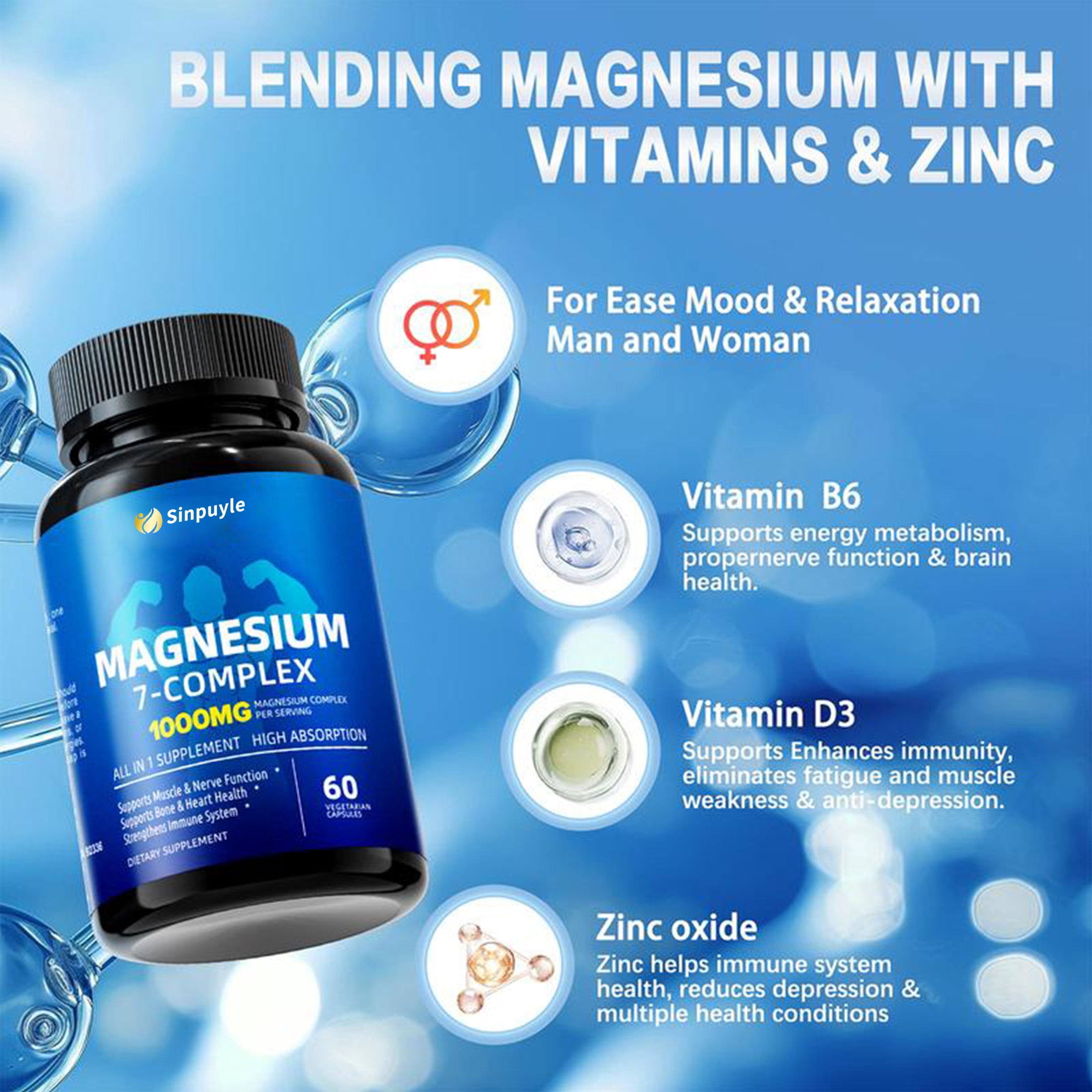 Magnesium 7-Complex 1000mg, High Absorption 7-in-1 Magnesium Supplement, Supports Muscle & Nerve Function, Bone & Heart Health, 60 Vegetarian Capsules